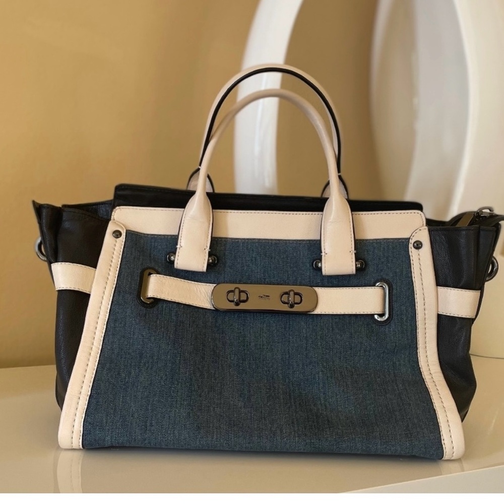 Coach swagger soft denim and navy bag.